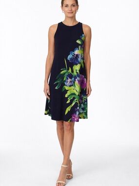 Lauren Ralph Lauren Floral Midi Dress Navy Sleeveless Size 12 Elegant